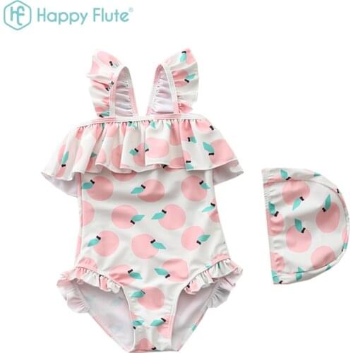 Happyflute Lace Style Peach Print Swimsuit With Hat Baby Girls INS Polyester Princess Swim Dress