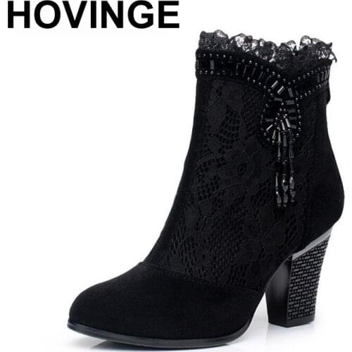 HOVINGE Genuine leather female spring and autumn boots high-heeled shoes net boots lace womens shoes