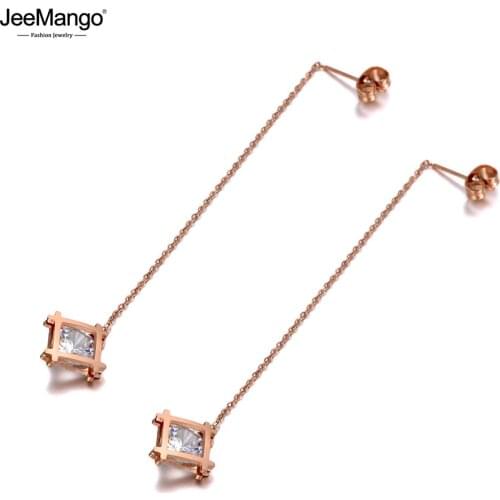 JeeMango Titanium Stainless Steel CZ Crystal Square Tassel Earrings Jewelry Rose Gold Ear Line Dangle Earrings For Women JE20006