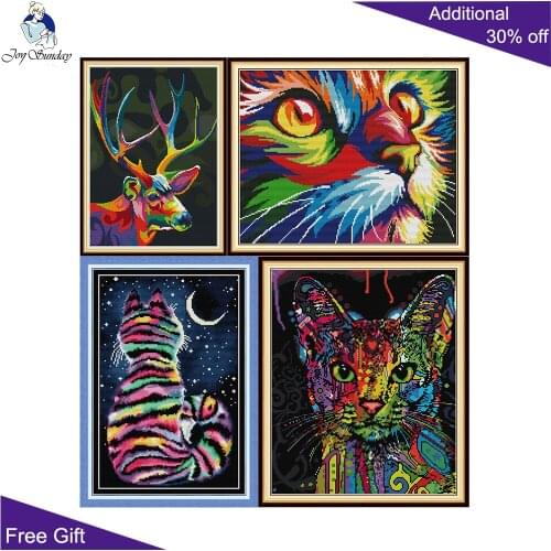 Joy Sunday Colorful Animal DA400 DA409 DA416 DA428 Stamped and Counted Home Decor Colorful Striped Cat Deer Cross Stitch Kits