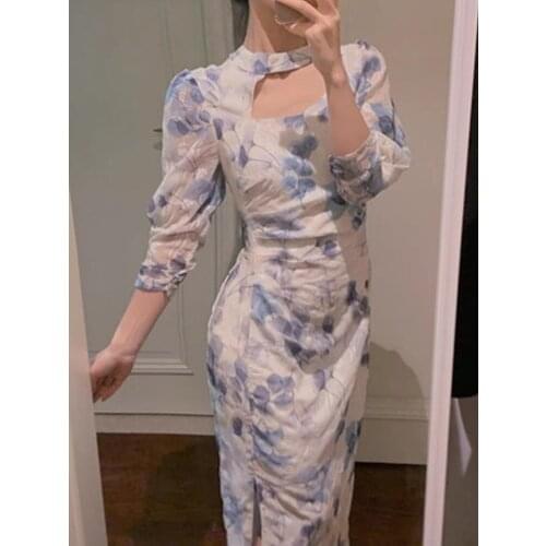 Womens Dress Broken Flower Cheongsam Dress Large Size Summer Skirt Square Oblique Collar Long Qipao Dresses Female Clothing