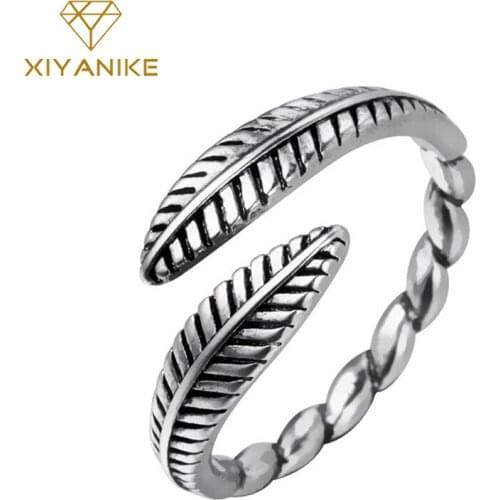 XIYANIKE 925 Sterling Silver Double Leaf Feather Twist Ring Female Fashion Simple Retro Thai Silver Open Handmade Jewelry Party