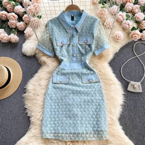Korean Fashion Womens Dress 2021 Summer Elegant Short-sleeved Turn Down Collar Buttons Geometric Print Office Lace Party Dress