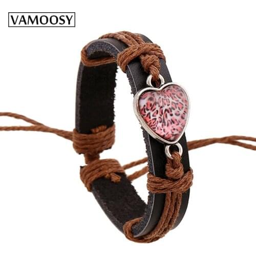 VAMOOSY BOHO Leather Bracelet Hot Jewelry 2018 Fashion Cute Pink Glass Heart Charm Wrap Wax Rope Bracelets for Women Men Jewelry