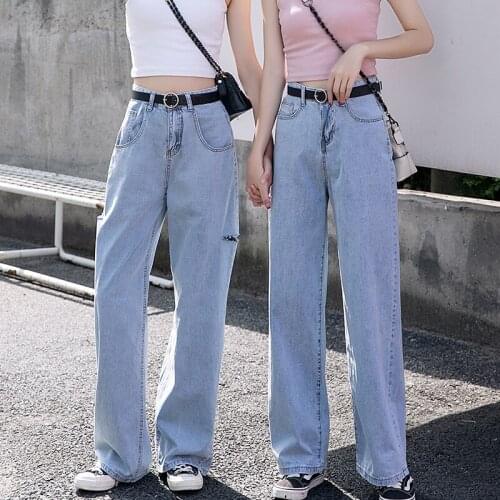 Summer Thin Pants 2019 New Straight Hole High Waist Jeans Woman Fashion Loose Casual Jeans Ladies Blue Trousers Female Student