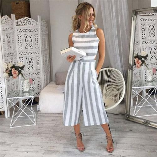 Summer Women Sleeveless Striped Jumpsuit Casual Wide Leg Elegant Pants Outfit Jumpsuit 2018
