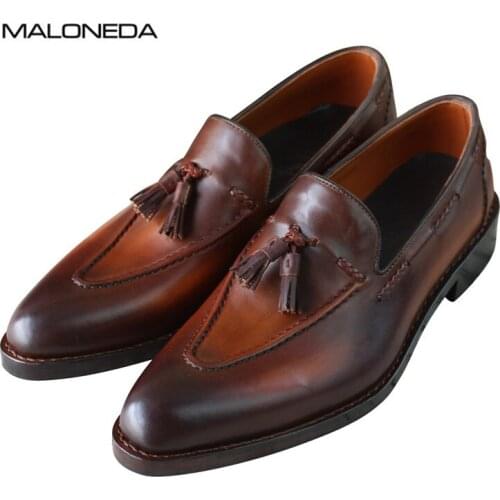 MALONEDA Handmade Goodyear Tassel Braided Pattern Genuine Leather Slip-on Casual Loafers Mens Business Formal Dress Shoes