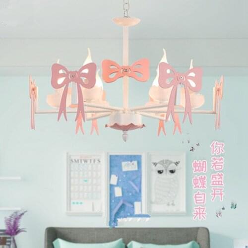 Nordic modern simple pink bow chandelier Girl Bedroom Princess Room childrens room lamp creative color LED Candle Chandelier
