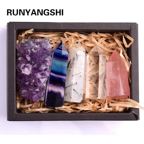 1set Natural Rose Quartz Crystal Wand Point Rainbow Fluorite Healing Amethyst cluster Mineral Stone Collection Decor for home