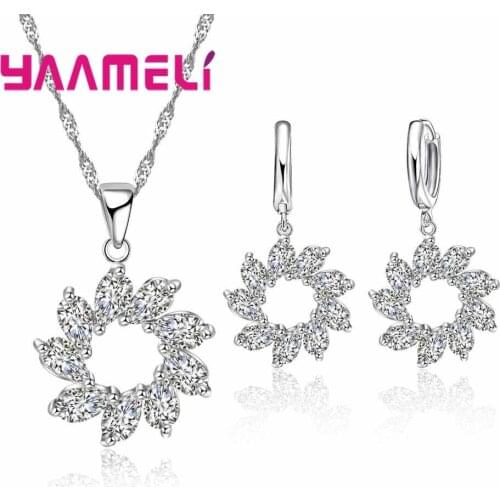 Fashion Charm Hollow Flower Shape High Quality 925 Sterling Silver Jewelry Sets Crystal Necklace Drop Earring for Ladies