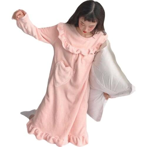 2019 Autumn Winter Women Ruffle Flannel Nightgowns Girls Long Sleeve Night Dress Sleepwear Cute Pink Princess Coral Fleece WZ665