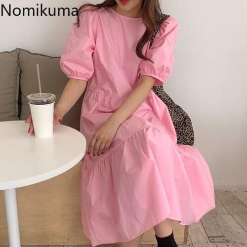Nomikuma Korean Sweet Puff Sleeve Dresses Causal O-neck High Waist A-line Mid-calf Vestidos 2021 New Chic Women Dress 6G158
