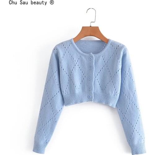 2021 Autumn Fashion New Solid Color O-Neck Street Long-Sleeve Slim Cardigan Blue Knit Bottoming Vintage Short Top Women Sweater