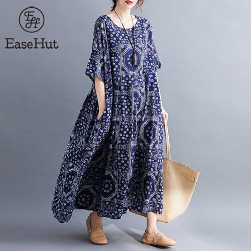 EaseHut Floral Print One Piece Baggy Women Summer Dresses and Sundress O-Neck Short Sleeve Midi Mori Girl Cotton Linen Vestidos