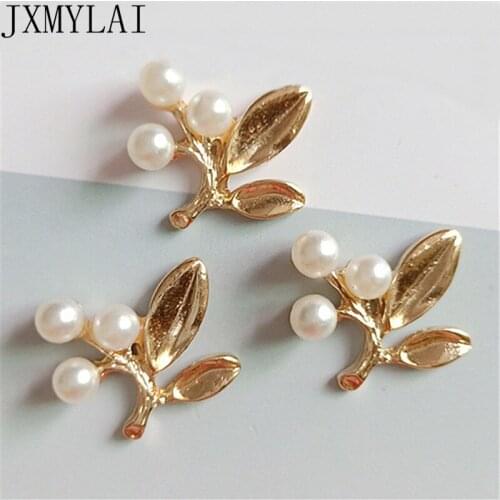 10 PCS 2.1cm*2.2cm Fashion Metal Alloy KC Gold Imitation Pearl Leaves Connectors Charm For Jewelry Making