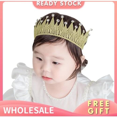 Lace Embroidery Crown Headbands Pearls Diamond Shinny Elastic Hairband For Baby Shower Birthday Party Hair Accessories Of Girls