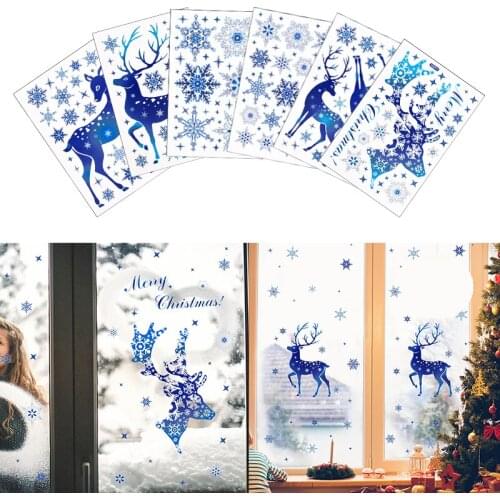 Christmas Dcoration Glass Window Sticker Blue Elk Deer Snowflake Wall Stickers For Home Room New Year Navidad Natal Xmas Decor