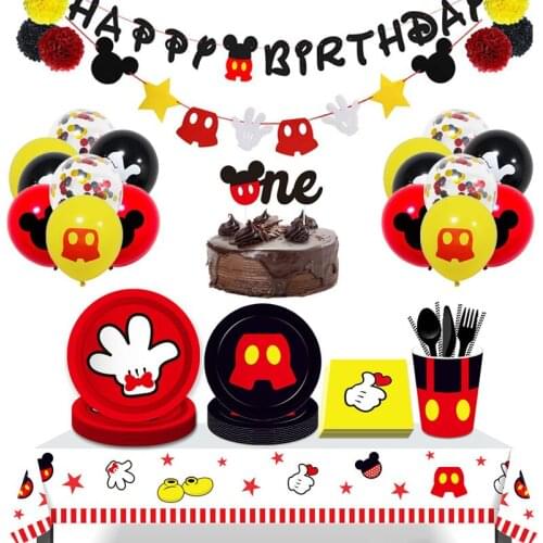Mickey Theme Party Holiday Banner Party 8 People Disposable Plate Napkin Cup Cake Toppers For Kids Favor Flag Decoration Gifts