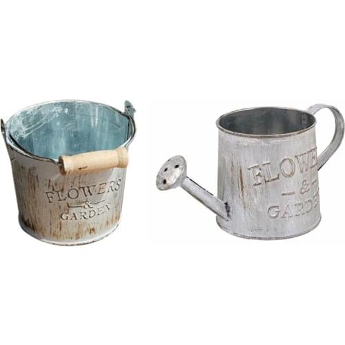 2 Pcs Vintage Iron Bucket Flower Pot Plant Hanging Basket Pastoral Style Crafts Wall Home Desktop Decor Photo Props, White & Vin