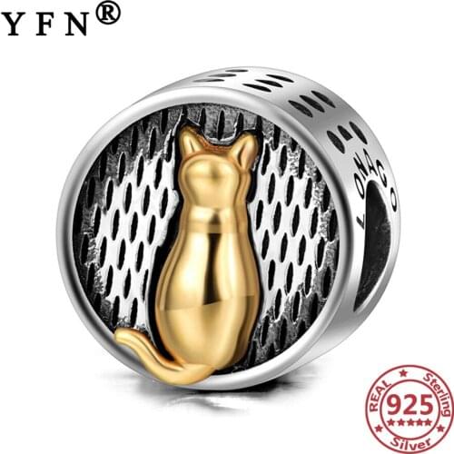 YFN 925 Sterling Silver Cat Beads Silver 925 Jewelry Charm Necklace Pendants Animal DIY Bracelet Beads Womens Jewelry DIY Beads
