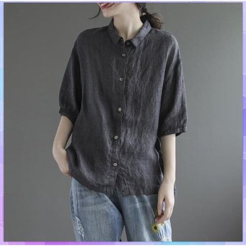 Solid Plus Size Cotton Linen Tee Shirt Women Casual T-shirt 2021 Summer Loose T-shirts Short Sleeved Large Size Button-down Tops