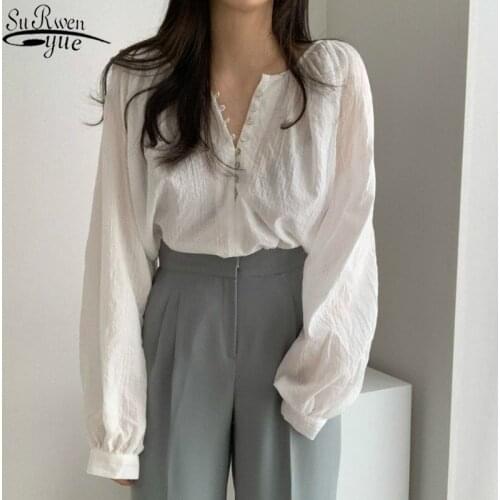 French Style Vintage White Puff Long Sleeve Womens Shirts Cotton Loose Single-breasted Womens Blouse Overalls for Women 11021