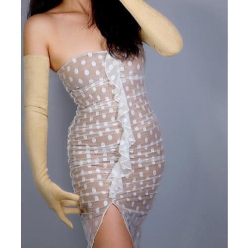 Womens runway fashion faux suede leather beige long gloves female sexy club party dress dancing driving long glove 70cm R2710