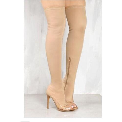 2018 New Fashion Women Open Toe Bandage PVC Patchwork Over Knee Boots Cut-out Elastic Long High Heel Boots Transparent Boots