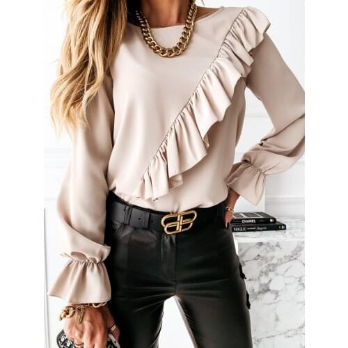 Women Ruffle Trim Tops Elegant Fashion Solid Color Blouse Autumn Spring Lady Long Sleeve Round Neck Slim Fitting Tunics Tops