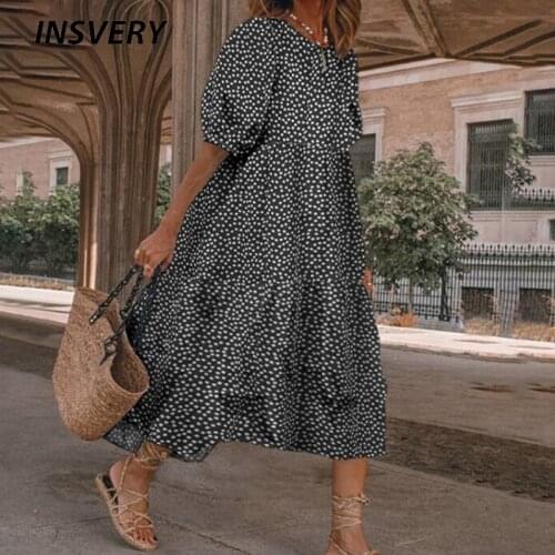 Women Elegant Dress Boho O Neck Print Casual Short Sleeve Dresses For Women Mid length A-Line Dress 2021 Fashion Party Dress