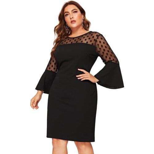 Sexy Dot Women Midi Dress Plus Size O-Neck Flare Sleeve Dress Polka Mesh Fashion Patchwork Party Dresses Vestido De Mujer