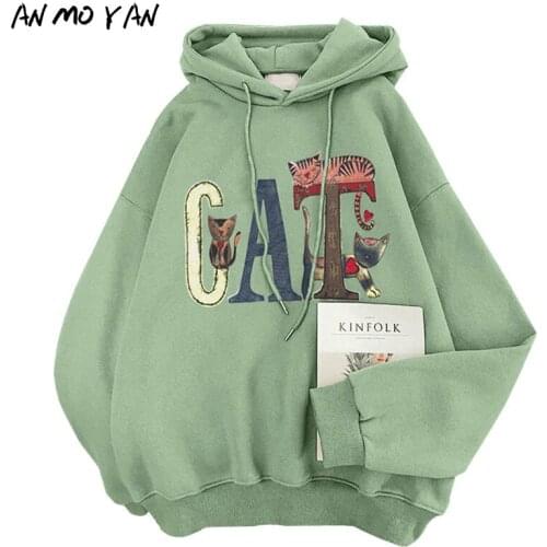Winter Casual Womens Hoodie Cartoon Cute Cat Print Loose All-match Korean Letter Tops Sweatshirt