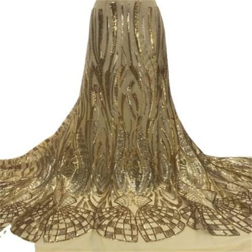 Gold Latest African Mesh Lace Fabric Purple Embroiderey Sequins Beads French Tulle Laces Fabric For Nigerian Wedding Party Sew