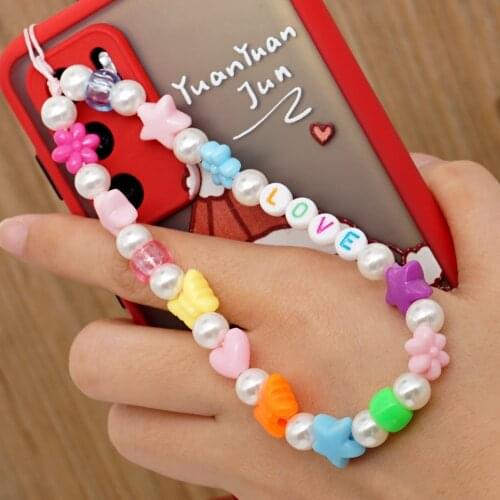 2021 Colorful Heart Pearl beaded Beads Chain Lanyard Strap Cord for Mobile Phone Anti-lost Chain for Women Cellphone Accessories