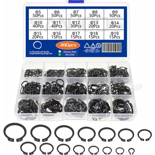 480Pcs External Retaining Circlips C Clip Washers Snap Retaining Ring Alloy Steel Stainless Steel 5-19mm Circlip Set for Shaft