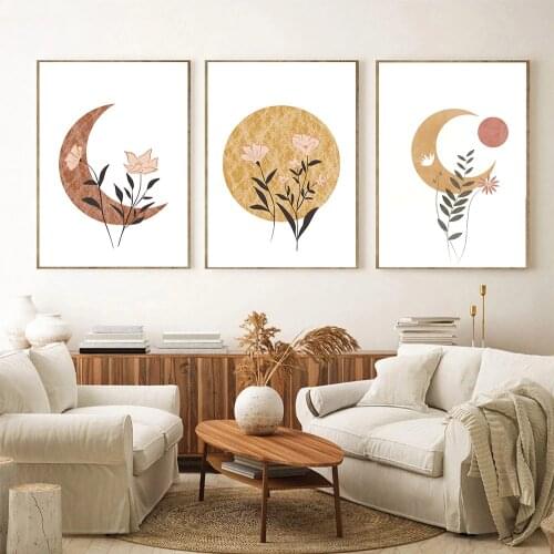 Abstract Orange Sun Moon Canvas Poster Leaf Flower Wall Art Print Painting Vintage Prints Boho Wall Pictures Living Room Decor
