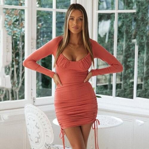 Ardm Sexy Slim Drap Women Dress Spring 2021 Square Collar Lace Up Vintage Mini Dress Side Drawstring Ladies Party Dress Veatido