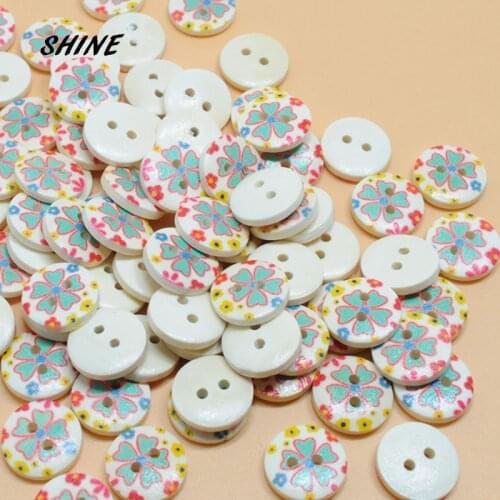 SHINE Wooden Sewing Buttons Scrapbooking Round Two Holes Flower Pattern 15mm Dia. 50 PCs Costura Botones bottoni botoes