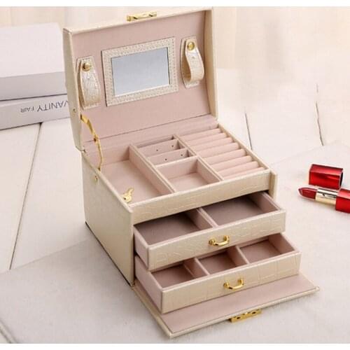 Bling PU Travel Portable Locked Jewelry Storage Box Three-layer Makeup Organizer Ring Earring Necklace Pouch Case Accessories