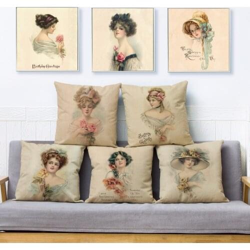 Europe Vintage Woman Lady Girl Print Throw Pillow Cover 45*45 Square Cushion Covers Linen Pillow Case Home Decor Pillows Cases