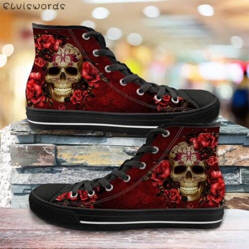 ELVISWORDS Sugar Rose Flower Skull Printed Womens High Canvas Comfort Teen Boys Girls Vulcanized Shoes Casual Ladies Sneakers