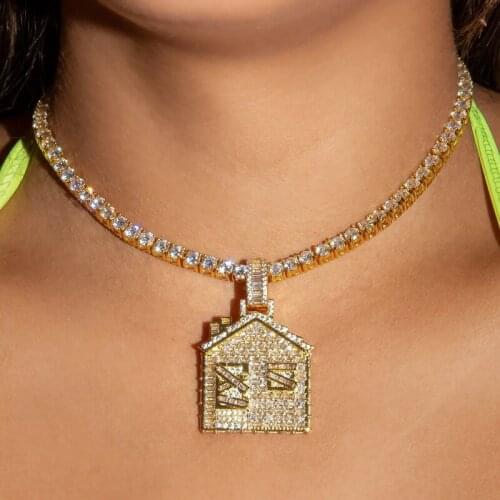 Ice Out Bling Women Jewelry Hip Hop Micro Pave 5A CZ House Charm Pendant Necklace Bling Savage Pendant With 5mm Tennis Chain
