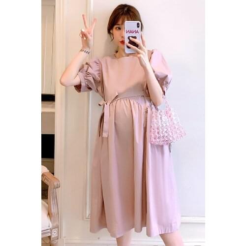 2021 Pregnant Women Summer Dress Fashion Loose O-Neck High Waist Puff Sleeve Maternity Cotton Linen Dress Pink Pregnancy Clothes