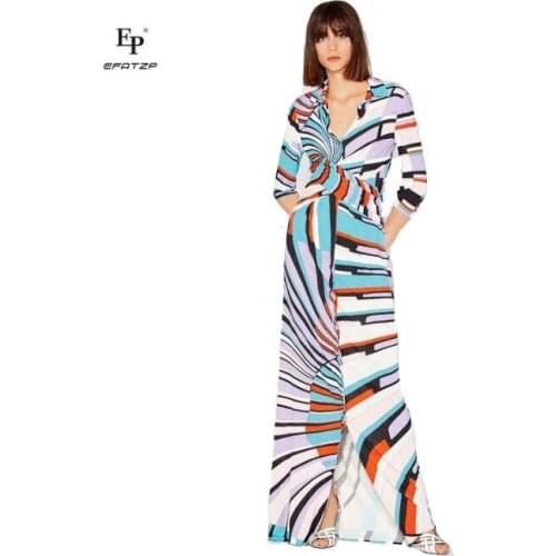 EFATZP New fashion lady high quality stretch knit slim 3/4 Sleeve V-collar Geometric Printed extended beach dress