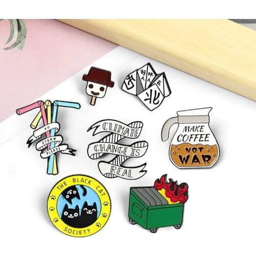 Fashion Coffee pot straw Dumpster Fire Enamel Pins MAKE COFFEE,NOT WAR,THE BLACK CAT SOCIETY,NO STRAWS Brooches Badges Wholesale