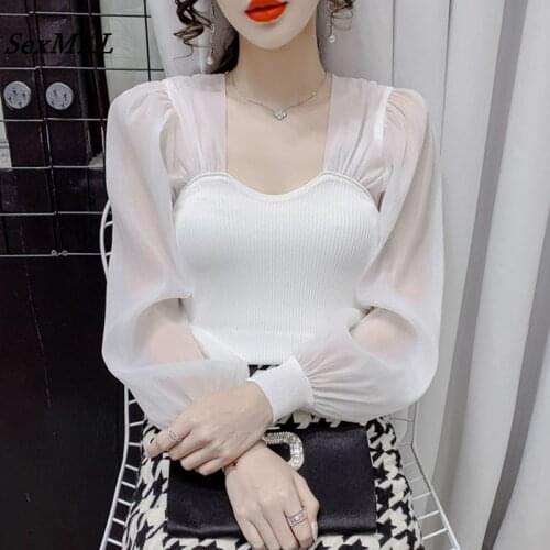 Fashion Long Sleeve Office Blouses Women 2021 Knitted Sexy Korean Puff Sleeve Tops Auutumn Winter French Vintage Blusa Mujer XL