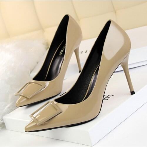 New OL High-heeled Shoes Womens High-heeled Patent Leather Shallow Mouth Pointed Square Buckle Pumps Ladies Dress Party Shoes