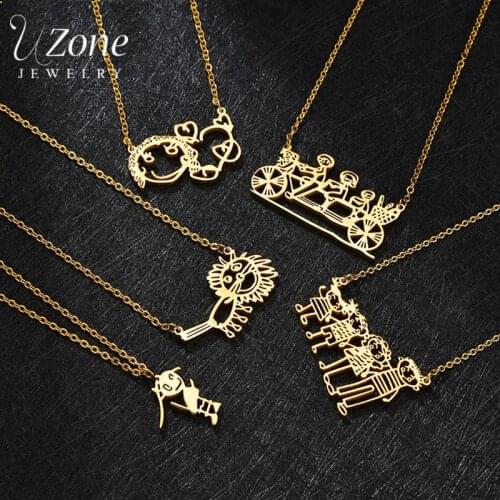 Uzone Customized Childrens Drawing Necklace Stainless Steel Personalized Kids Art Design Necklaces Custom Family Jewelry Gift