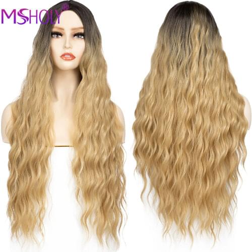 Ombre Blonde Long Synthetic Wig Curly Wavy Loose Deep Wave Wig Ombre Blonde Brown Hair Wigs For Women Cosplay Wig Msholy