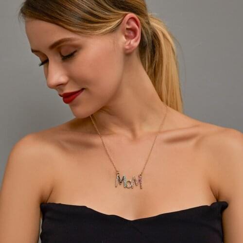 Mothers Day Gift Simple Geometry Colorful Rhinestone Letter MOM Pendant Golden Alloy Choker Necklace for Women